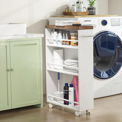 20" Slim Storage Cart – 4-Tier Narrow Rolling Kitchen Utility Cart With Wheels & Handle, Skinny Laundry Room Organizer, Slide Out Pantry Shelf For Small Spaces, Bathroom – Brown & White Finish