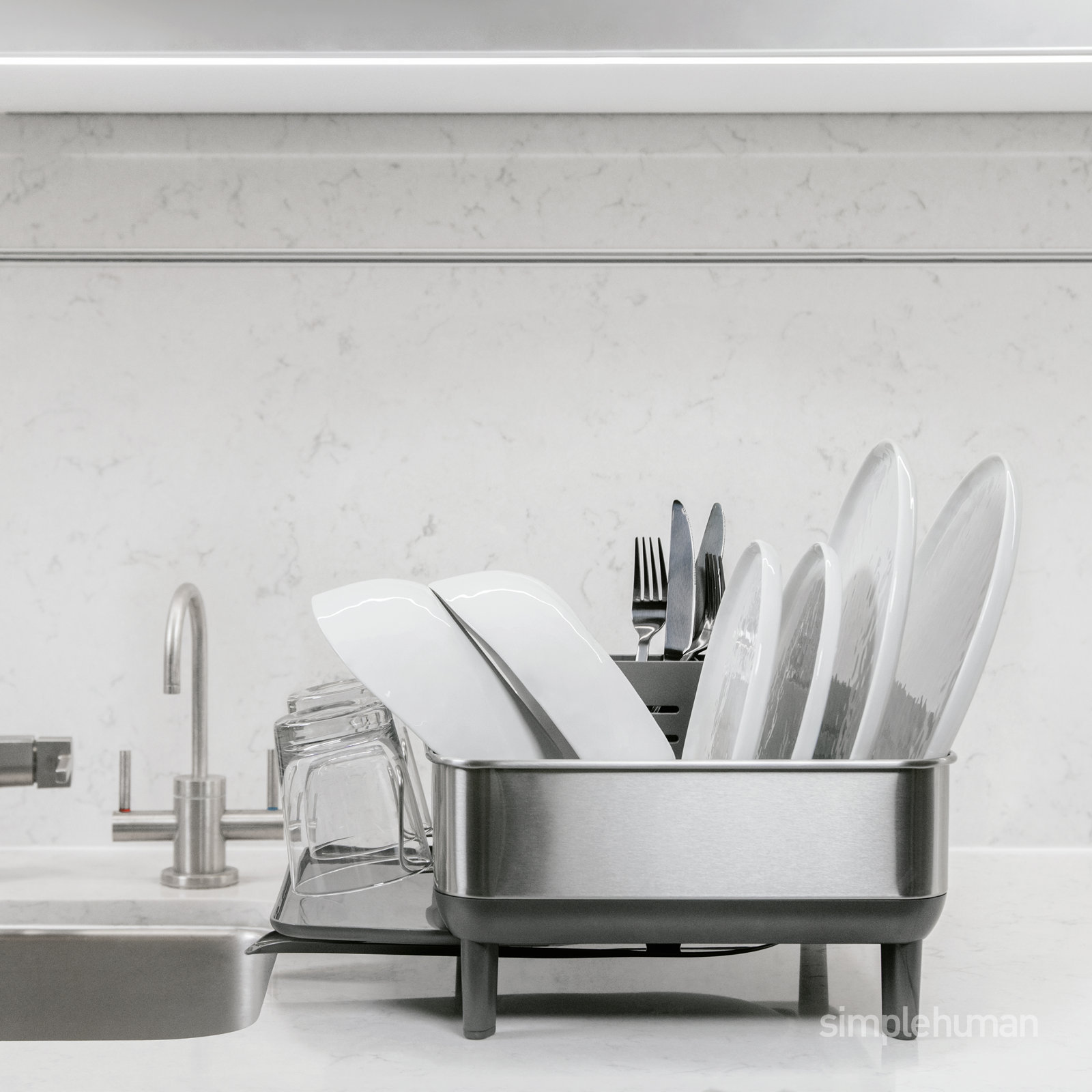 simplehuman Compact Dish Rack with Swivel Spout, Brushed Steel/Gray