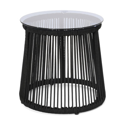 Modern Side Table With Rope Weave And Translucent Glass 15.66" Wide Handcrafted Tempered