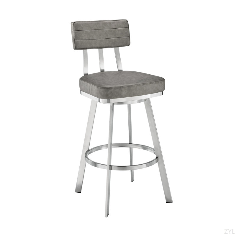 Tabouret tournant en acier inoxydable brossé avec similicuir gris, Tabouret de comptoir (siège d'une hauteur de 26 p, Gris