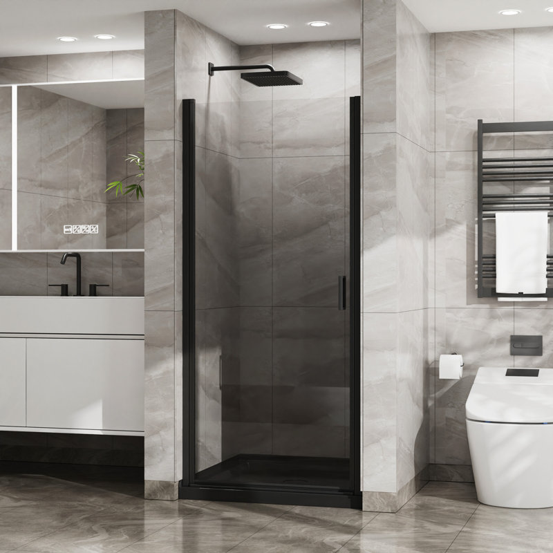 Porte de douche pivotante de 34 po x 72 po, porte de douche en verre trempé épais de 1/4 po, conception sans cadre, Noir mat