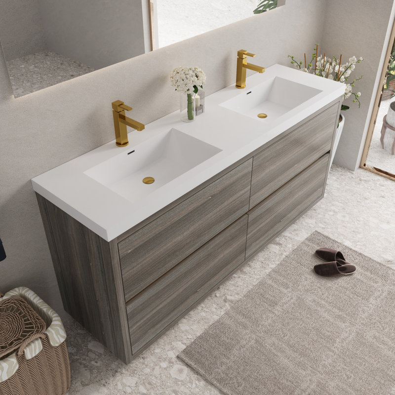 Meuble-lavabo autoportant avec lavabos doubles, tiroirs à fermeture en douceur, Gris cendre