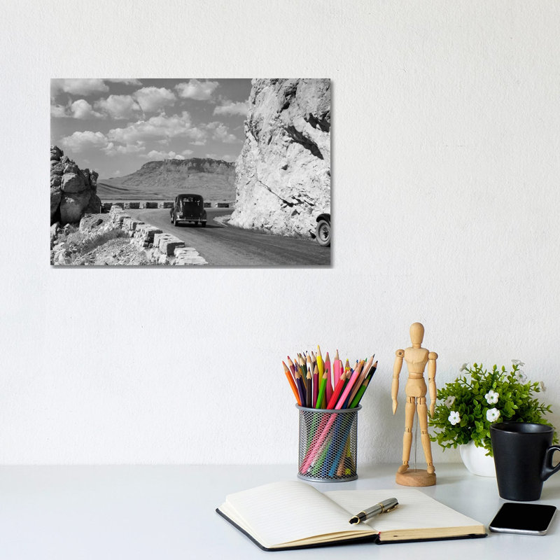 1930S-1940S Car Driving On Mountain Road In Yellowstone National Park Near Cody Wyoming USA - Wrapped Canvas Print
