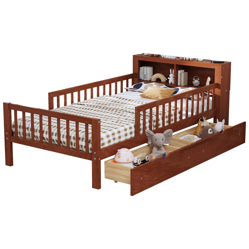 Lit Nestora Modern Elegance avec rangement pour tête de lit et garde-corps, Noyer