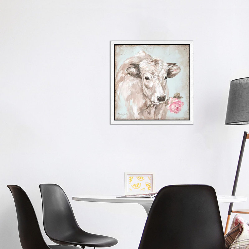 Cow With Rose II by Debi Coules - Floater Frame Painting on Canvas, 45.72 cm H x 45.72 cm W, White