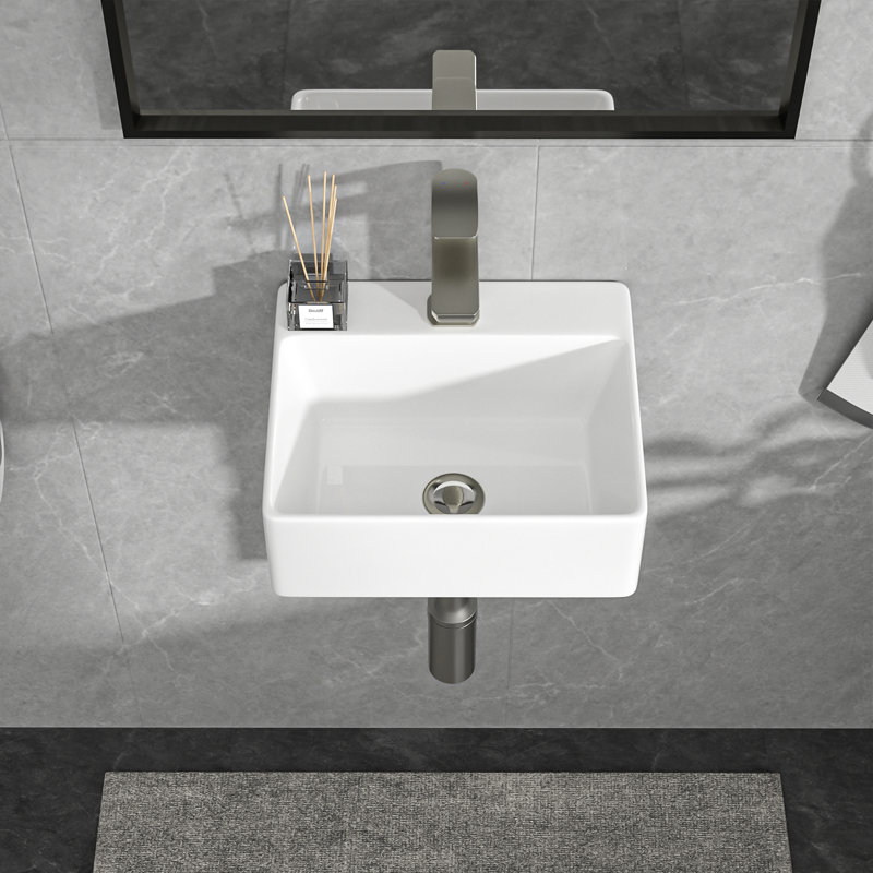 13" x 11" Wall Mount Bathroom Sink White Ceramic Rectangular Floating Vessel Sink with Single Faucet Hole, 13" L x 11" W