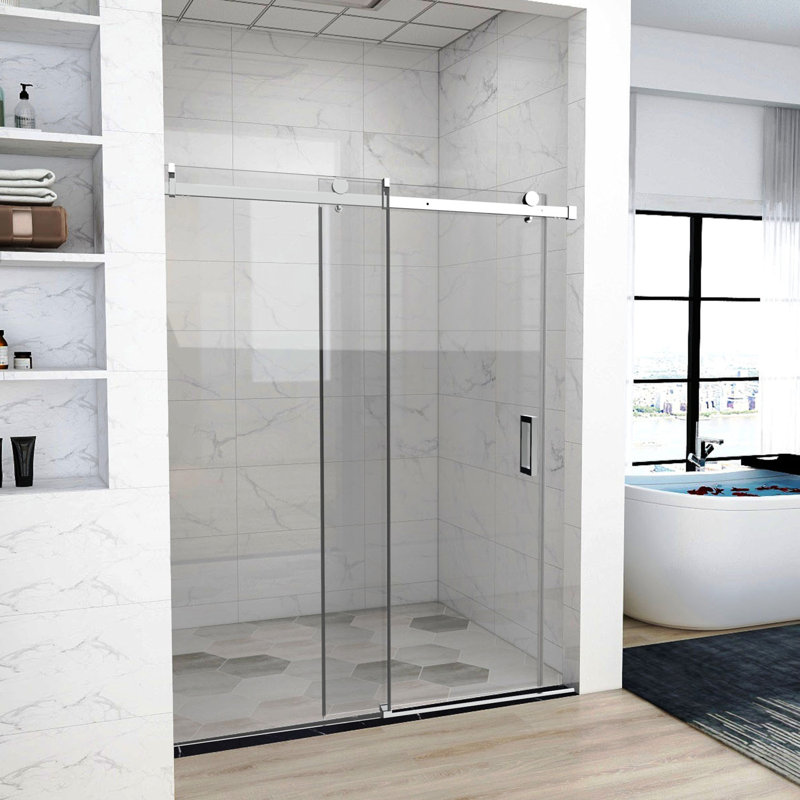 Porte de douche coulissante simple sans cadre l 58 à 61 po x H 76 po avec verre trempé amélioré de 3/8 po (10 mm), Nickel