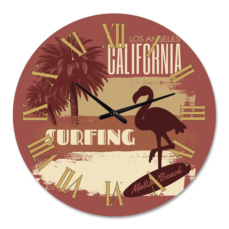 California Surfing Silhouette of FLamingo on Surfboard - Horloge murale moderne, Grand