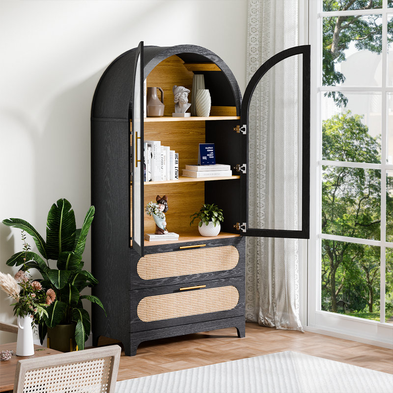 Armoire de rangement arquée moderne avec tiroirs en rotin et portes en verre, huche à 3 niveaux avec 2 grands tiroirs de rangement