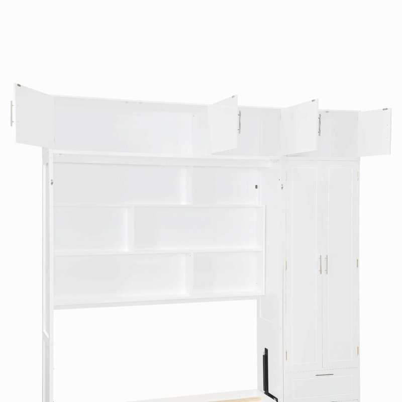 Grand lit escamotable mural avec armoire supérieure, tablettes et garde-robe, lit pliant peu encombrant, Blanc