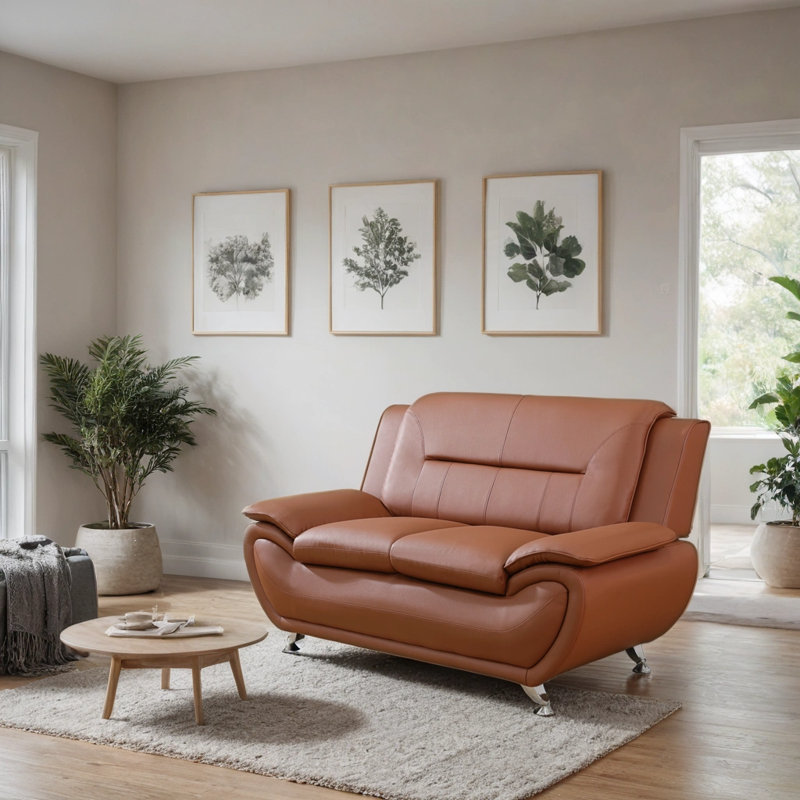 79'' Faux Leather Minimalist Sofa, Orange, 36" H x 61" W x 35.5" D