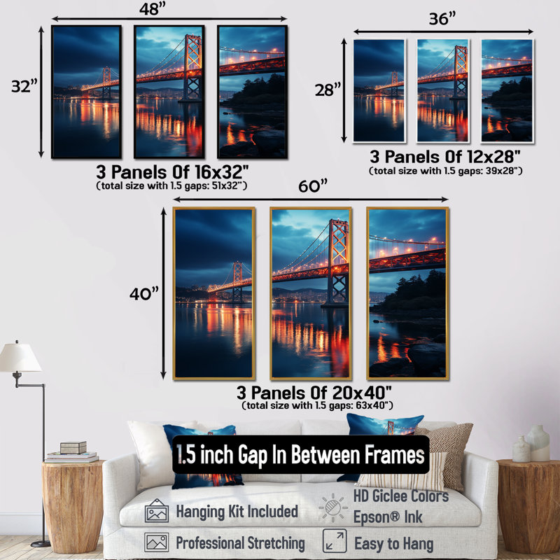 Pont panoramique, lever de soleil I - Ponts, art mural, Cadre flottant brun, H 32 po x l 48 po x P 1 po