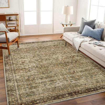 Tapis d'intérieur 3 x 4,25 m, lavable, brun, style vintage traditionnel, aspect vieilli, pliable, fin, rétro, à motifs floraux, antidérapant, idéal pour le salon, la salle à manger ou le bureau.