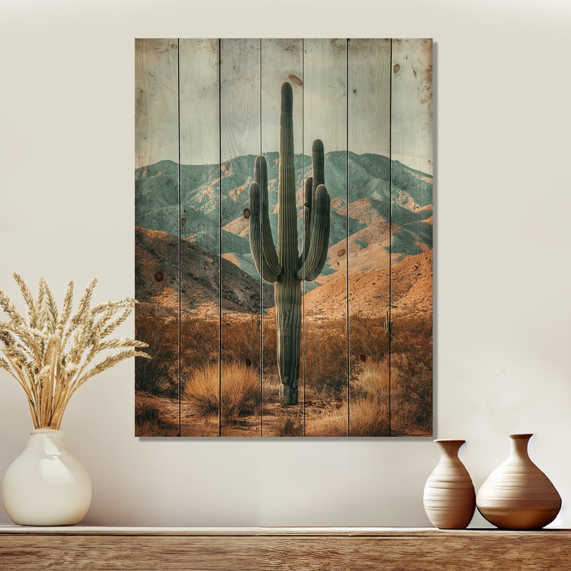 Cactus et les montagnes du désert II - Art mural en bois floral cactus - sur bois de pin naturel