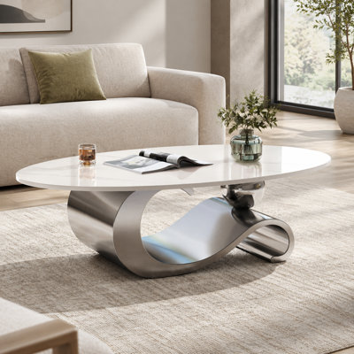 Table basse ovale moderne en faux marbre avec base en acier inoxydable gris, 124 cm (48,95 po).