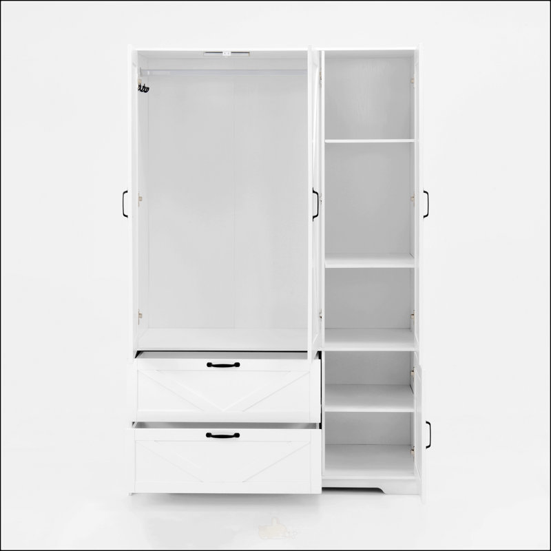 Armoire 4 portes avec miroir, lumières DEL et 2 tiroirs, armoire de rangement en bois avec tablettes réglables, blanc