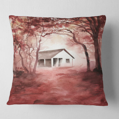 House in Red Autumn Woods - Coussin décoratif imprimé Cabin & Lodge