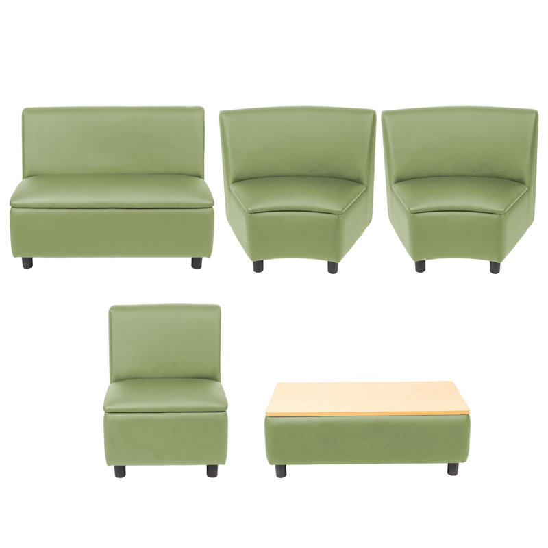 Ensemble 5 pièces de sièges collectifs courbés modulaires pour enfants avec table basse Kid Comfort, Vert fougère