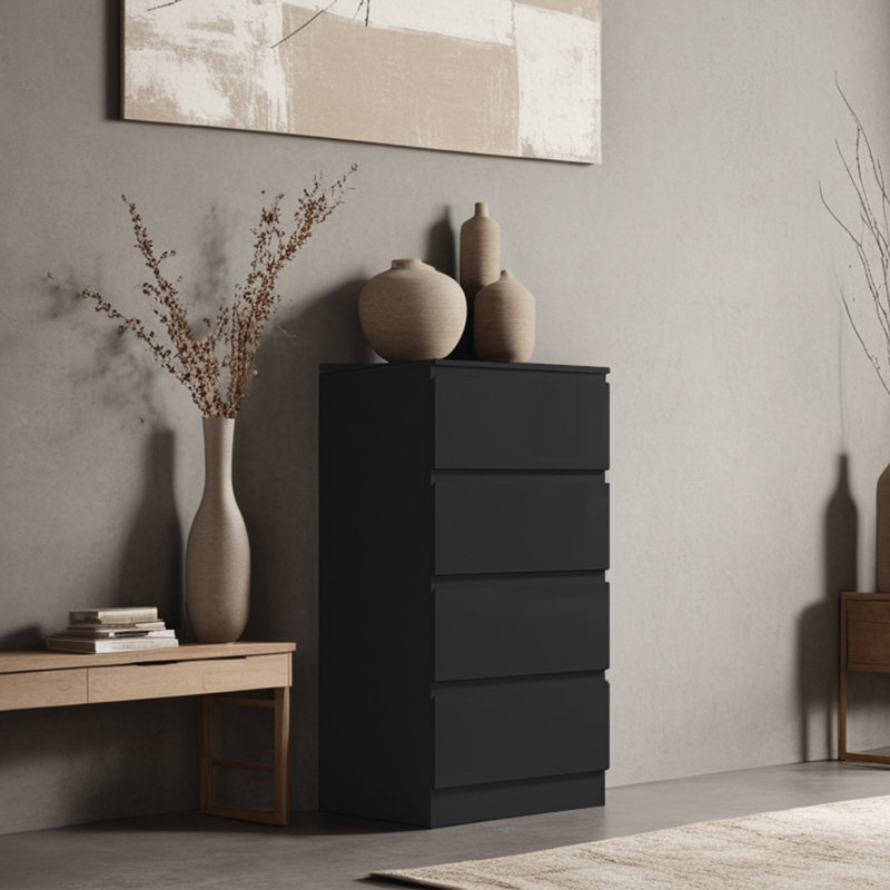 Warren 4 Drawer Tallboy Chest Of Drawers. 40cm Wide. High Gloss Front. Scratch Resistant. Modern No Handle Design., Black