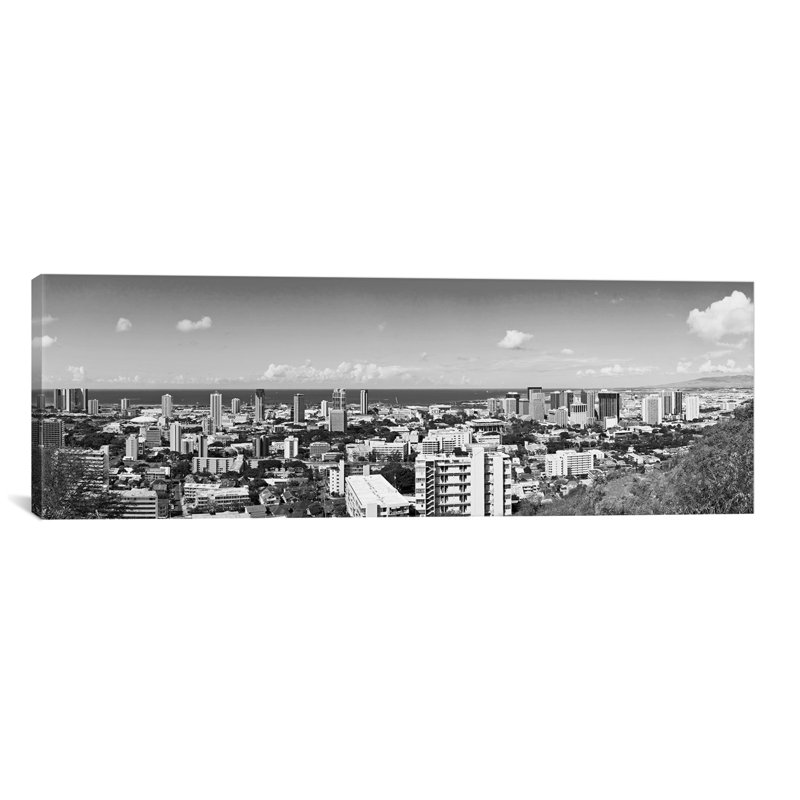 « honolulu horizon cityscape », reproduction de photo sur toile en gris, H 16 po x l 48 po x P 1,5 po, Toile tendue