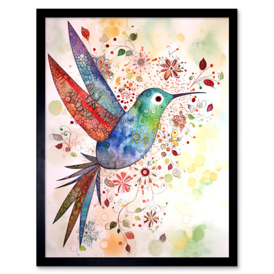 Hummingbird With Flower Patterns Folk Art Watercolour Painting Artwork Framed Wall Art Print 9X7 Inch