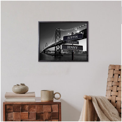 Personalized Street Sign Canvas Wall Art with Custom Names & Date – Romantic City Bridge Nightscape, Black and White Anniversary or Wedding Gift