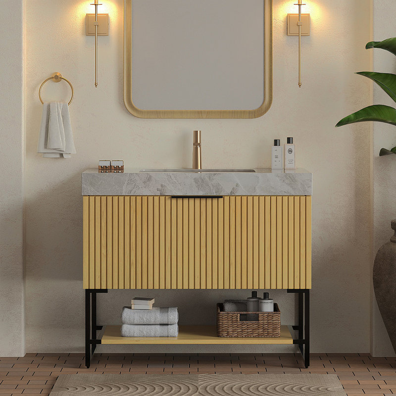 Meuble-lavabo de salle de bain 36 po YOLAN, armoire de rangement autoportante en contreplaqué rayé avec tiroir et tablette ouverte, plateau en pierre frittée gris clair et lavabo en céramique encastré, pré-assemblé, couleur grain de bois de chêne Corolla