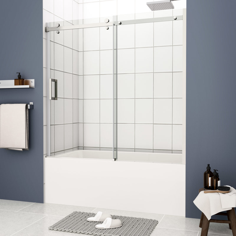Ensemble de cadre de porte de douche coulissante de baignoire - et verre trempé pour canal mural réglable