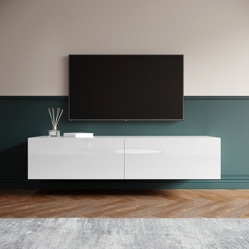 Hangable and floor standing TV stand in high-gloss UV panel, White, 30cm H x 180cm W x 40cm D