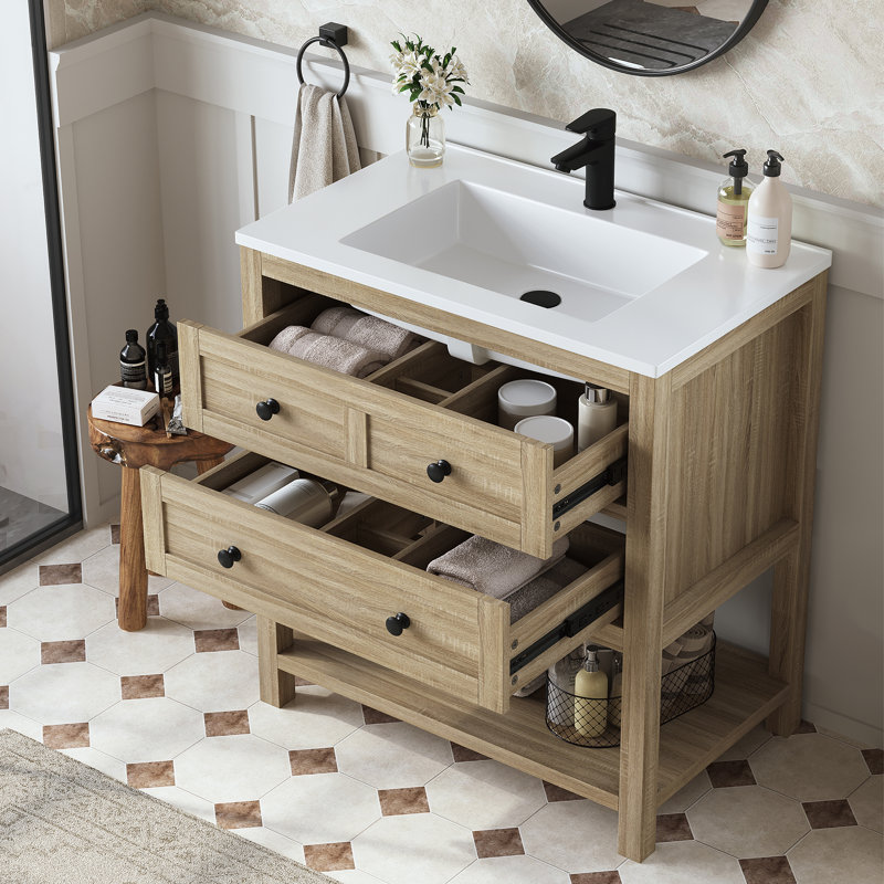 Allensville 30" Freestanding Single Bathroom Vanity with Solid Surface Composite Top, 30", Light Oak