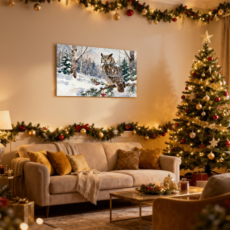 Chouette de Noël enneigée, branche de forêt, baies, ensemble de 3 impressions sur toile, H 20 po x l 30 po