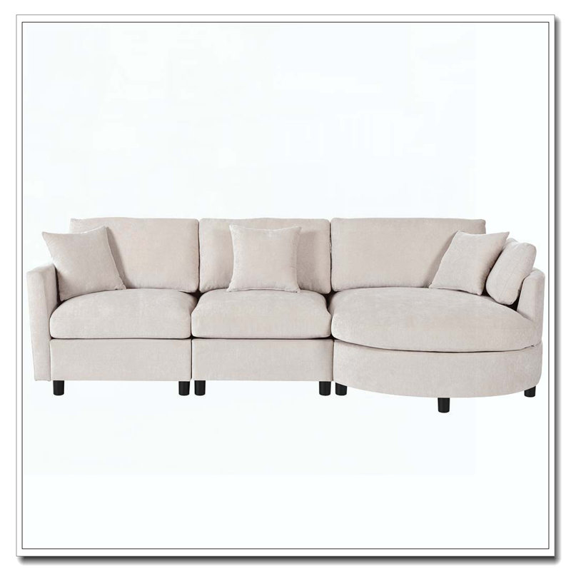 Canapé modulaire en tissu chenille 3 pièces 105 po avec méridienne incurvée et 3 coussins décoratifs 105 po, Beige