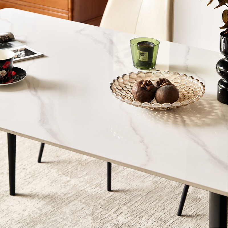Table de salle à manger rectangulaire en porcelaine blanche avec pieds en métal, plateau en céramique contemporain 56,06