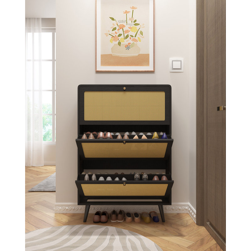 Rattan Narrow Shoe Cabinet With 3 FILP Drawers