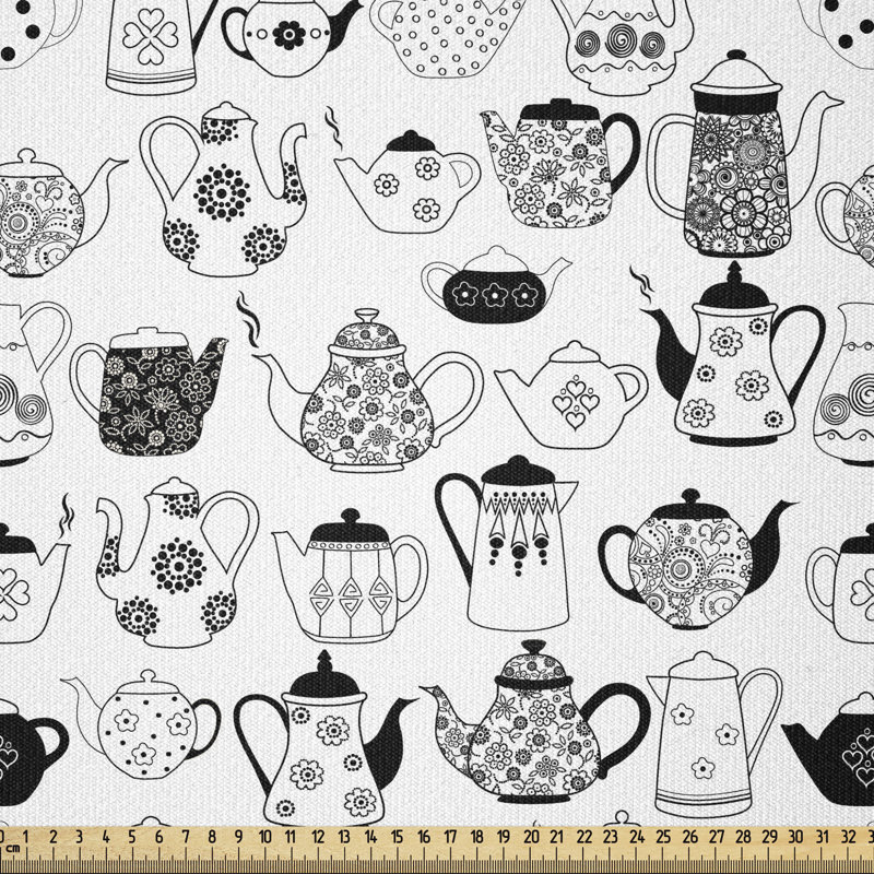 Tissu Tea Party par The Yard, tasses à motifs floraux avec différents motifs de cuisine monochrome intemporelle