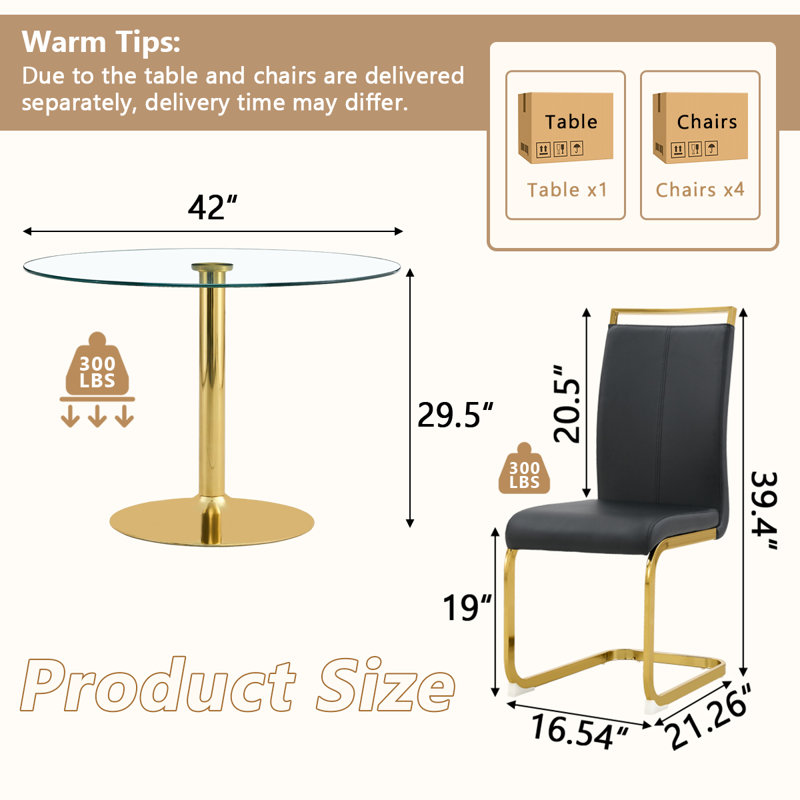 5 - Piece Pedestal Dining Set, Black, 29.5"H x 39.7"L x 39.7"W