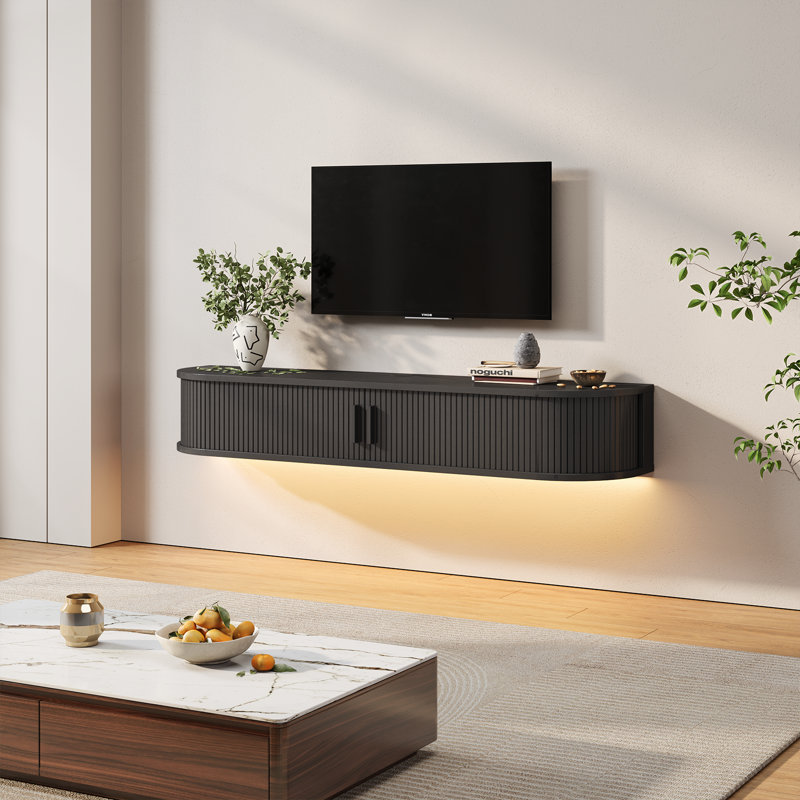 Meuble télé flottant avec lumières RVB, tablette télé murale, H 8,6 po x L 55,1 po x l 11,8 po, Noir