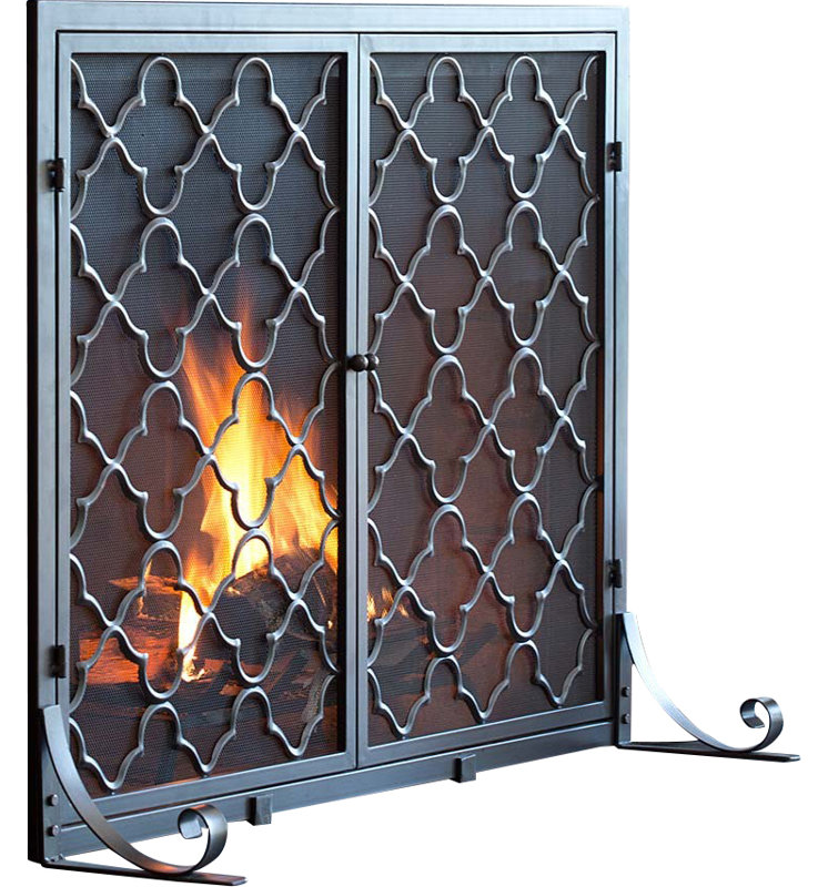 Large Geometric Fireplace Screen with Doors, 31' H x 38" W x 4" D, Pewter