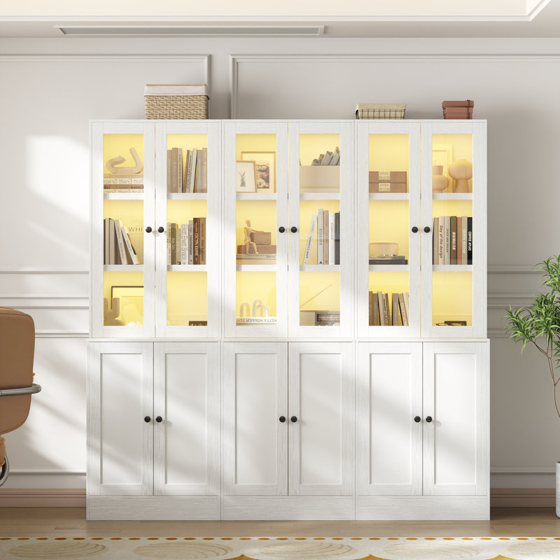 Bibliothèque de 71 po de hauteur avec portes en verre, lumières DEL et prise de courant, grande tablette de rangement pour le salon et la chambre à coucher