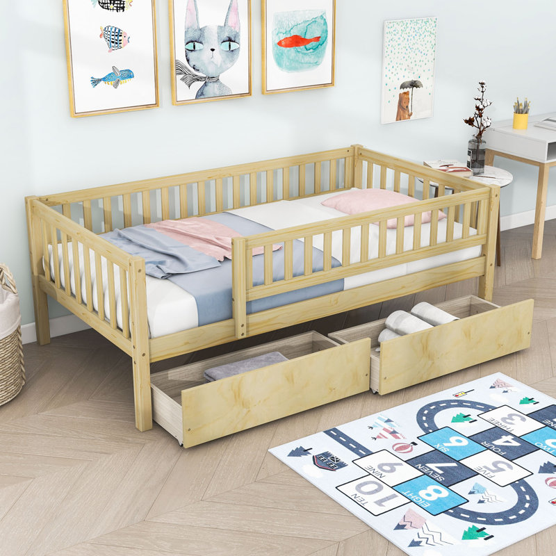 Lit en bois avec deux tiroirs, Naturel, Simple