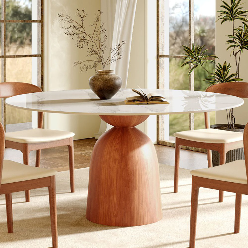 Mid-Century Modern Round Dining Table, 39"/43"/47"/53"/59" Sintered Stone Top, Solid Wood Base, Farmhouse Kitchen Table, Stain & Scratch Resistant