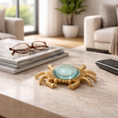 Decorative Metal Crab Magnifying Glass Sculpture for Table Decor - Coastal Functional Reading Accent for Living Room or Home Decoration - Gold