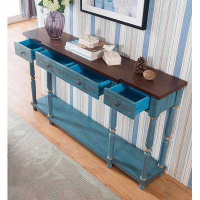 Vintage Blue Console Table with Hand-Painted Floral Details