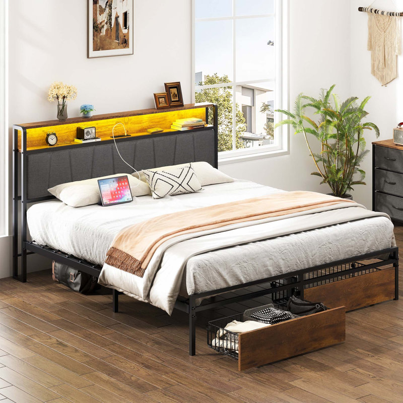 Structure de lit plateforme tapissier avec tiroirs de rangement, ports USB, lumières DEL, Grand