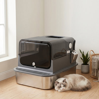 Litière en acier inoxydable XXL avec couvercle pour gros chats, noir