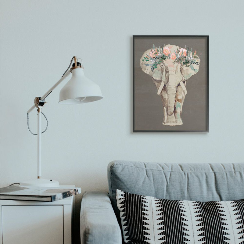 Éléphant, couronne de fleurs, rose, vert, fleur élégante par Jennifer Goldberger - impression, H 30 po x l 24 po