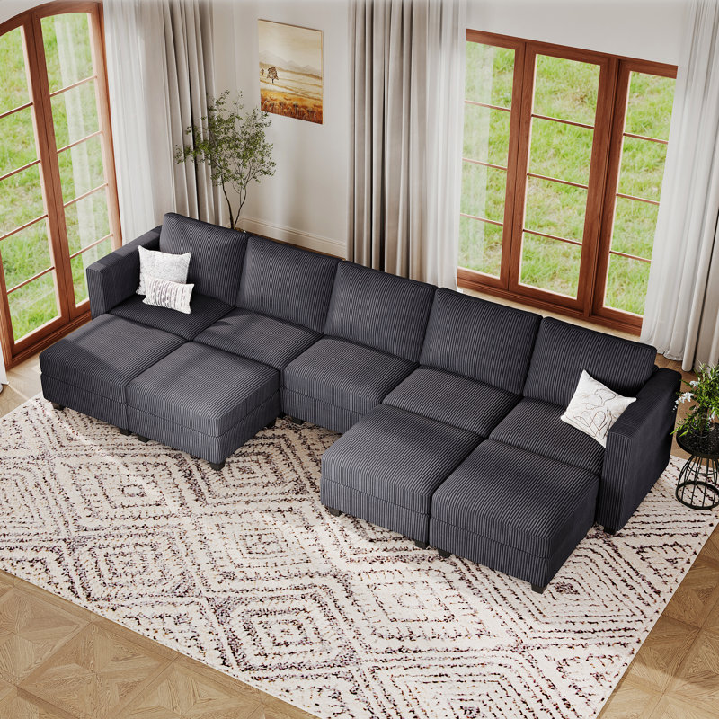 Ozeal 132.2'' Wide Oversized U-Shaped Corduroy Modular Sectional Storage Sofa Convertible Freely Combined L-Shaped Sleeper Couch
