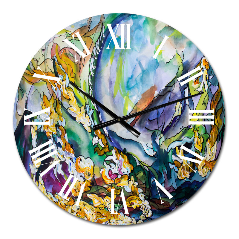 Abstracti explosion de jaune, bleu et vert - horloge murale moderne, Petit