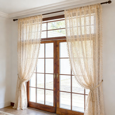 Boho Crochet Lace Curtains 72X52 Beige Light Filtering Rod Pocket 2 Panels