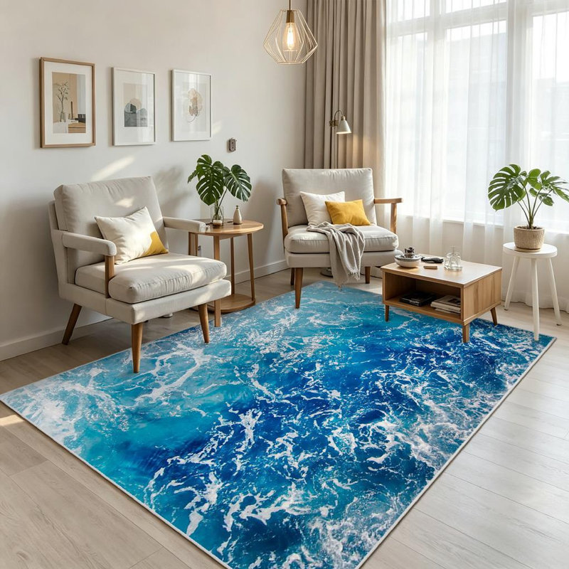 Tapis bleu océan lavable à la machine à l'eau de mer, Rectangle 71 po x 98 po